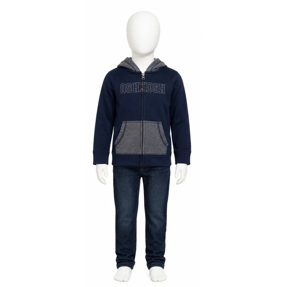 OshKosh Boys Zip Up Hoodie Navy Blue Gray Logo Sweatshirt Toddler Size 4T